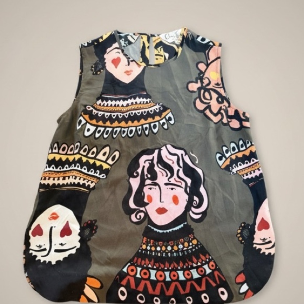 gorman Olive Multicolor Illustrated Faces Sleeveless Tunic